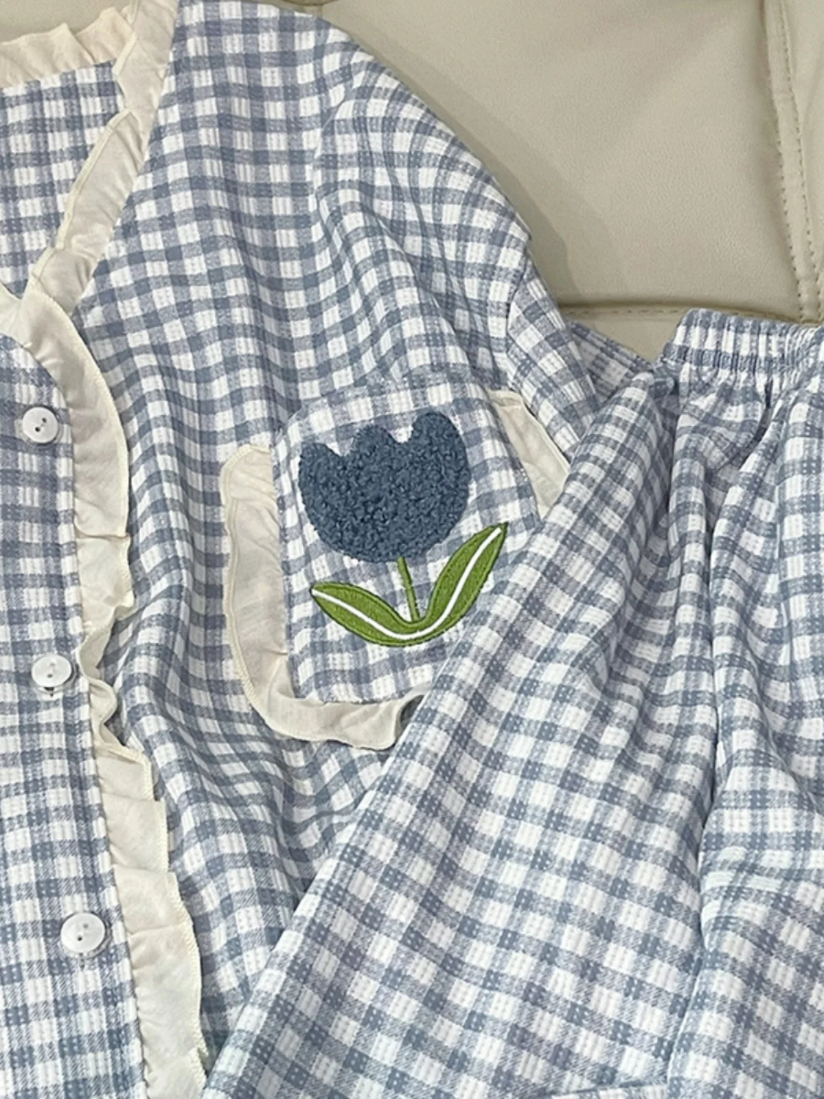 DAIMELU ins wind pure cotton pajamas women's fattened plus size fat mm summer blue plaid flower short-sleeved loungewear set