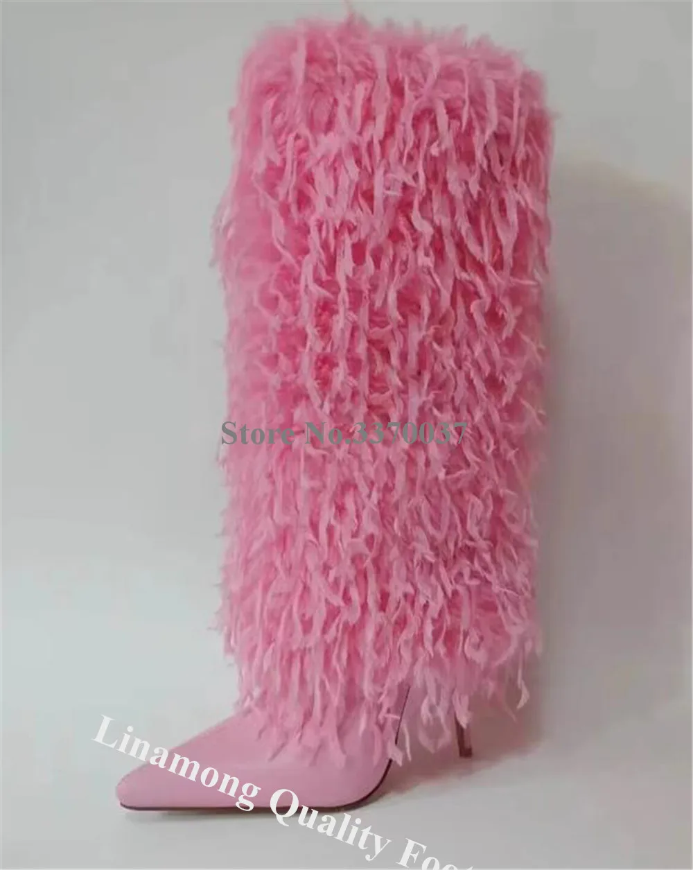 Linamong New Fashion Long Fringes Fur Thin Heel Knee High Boots Black Pink Yellow Stiletto Heel Long Boots Big Size