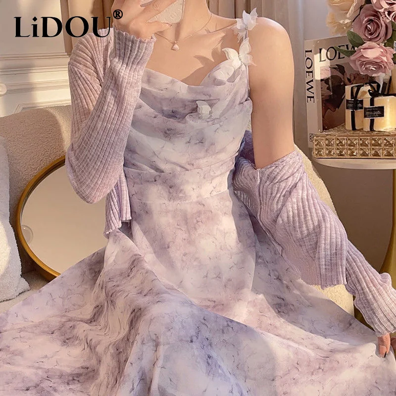 

2023 Summer New Slash Neck Sling Elegant Sleeveless Dress Women Butterfly Lovely Maxi Dress + Solid Color Screw Thread Cardigan