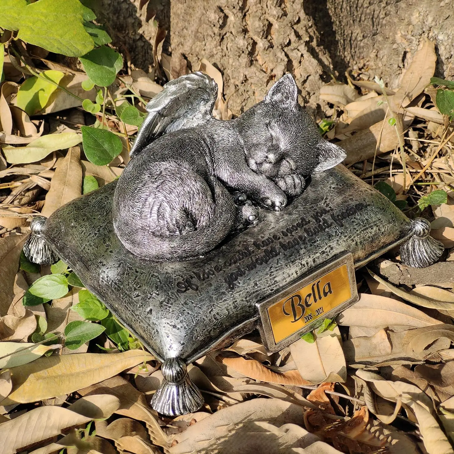 Personalized Cat Urn, Heavenly Angel Cat Sleeping On Pillow Cremation Urn Small Pet Memorial Statue