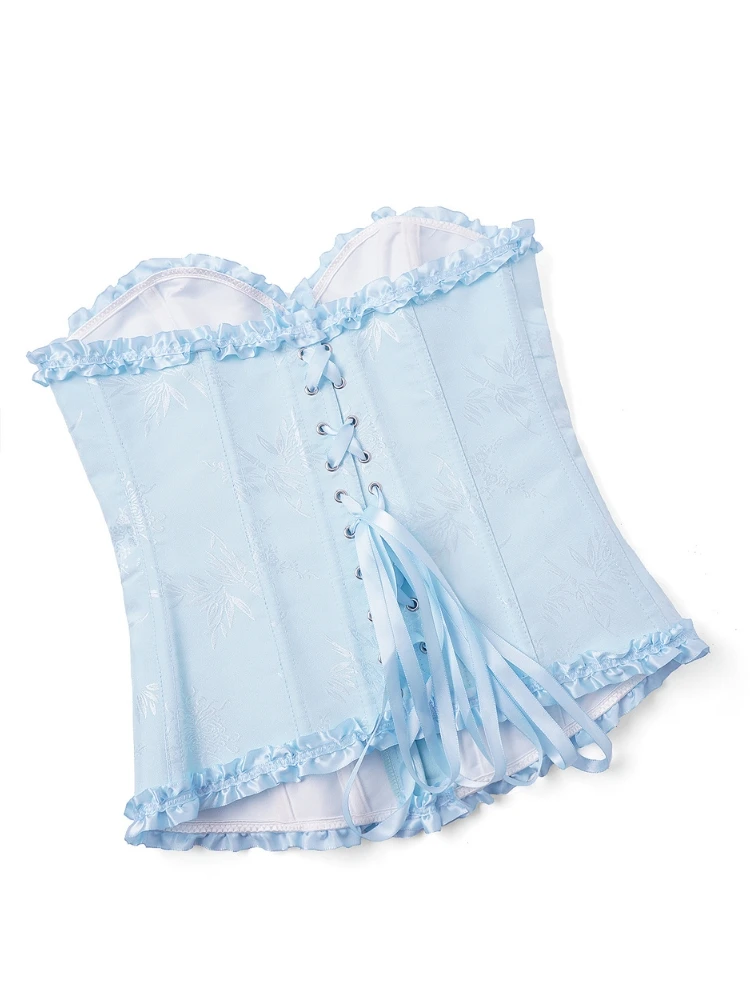 Damen Vintage Jacquard Korsett-Top, trägerlos, mit Rüschen vorne, Busk-Rücken, Schnürung, 20 Farben, für Feiertage, Partys und Abendgarderobe – Detail 7