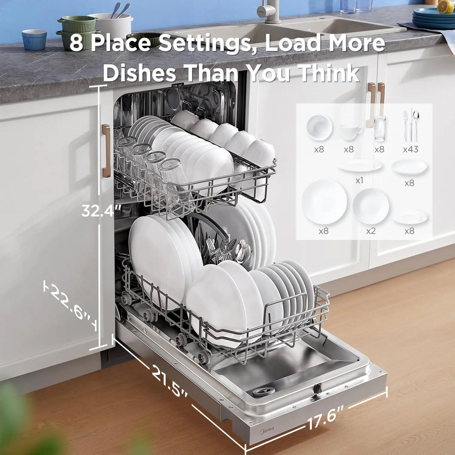 MDF18A1AST Built-in Dishwasher with 8 Place Settings, 6 Washing Programs, Stainless Steel Tub, Heated Dry, Energy Star