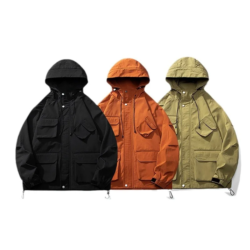 

Multi pockets Jackets Fashion trend cargo coat Windbreaker Hooded Jacket Men Hip Hop Dancer singer Zipper Coats Outdoor Outwear