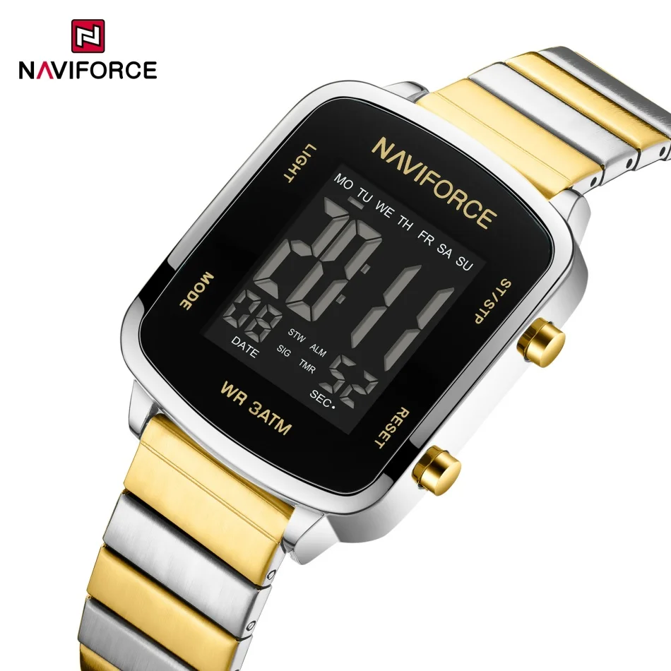 

NAVIFORCE женские часы ЖК-цифровые спортивные 30 м водонепроницаемые будильники обратный отсчет световой режим дисплей женские часы из нержавеющей стали