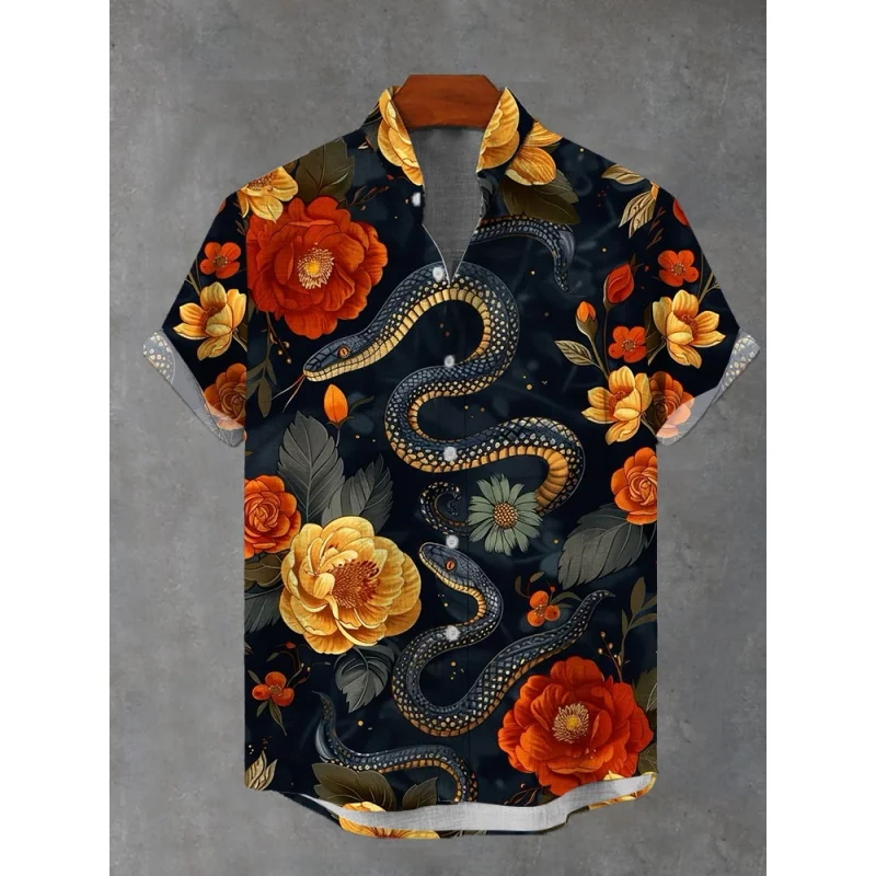 Dreamy Flower Tree Graphic Beach Shirt For Men Cool Snake 3D Printed Hawaiian Shirts Summer Vacation Loose Short Sleeve Blouse