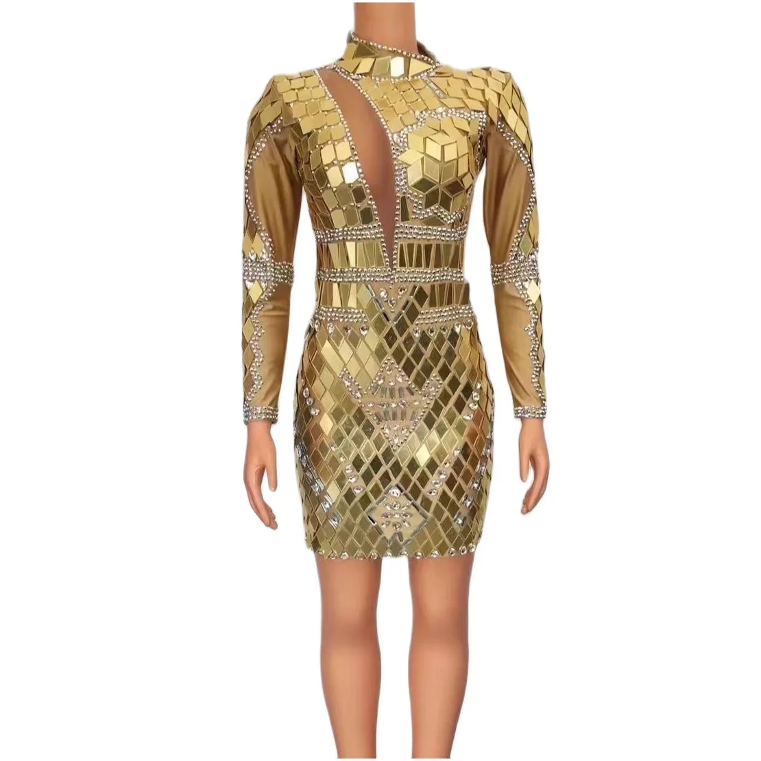 

Blue Gold Shining Mirror Sequins Sexy Long Sleeves Sheath Dress For Women Nightclub Party Clothing Singer Stage Costumes