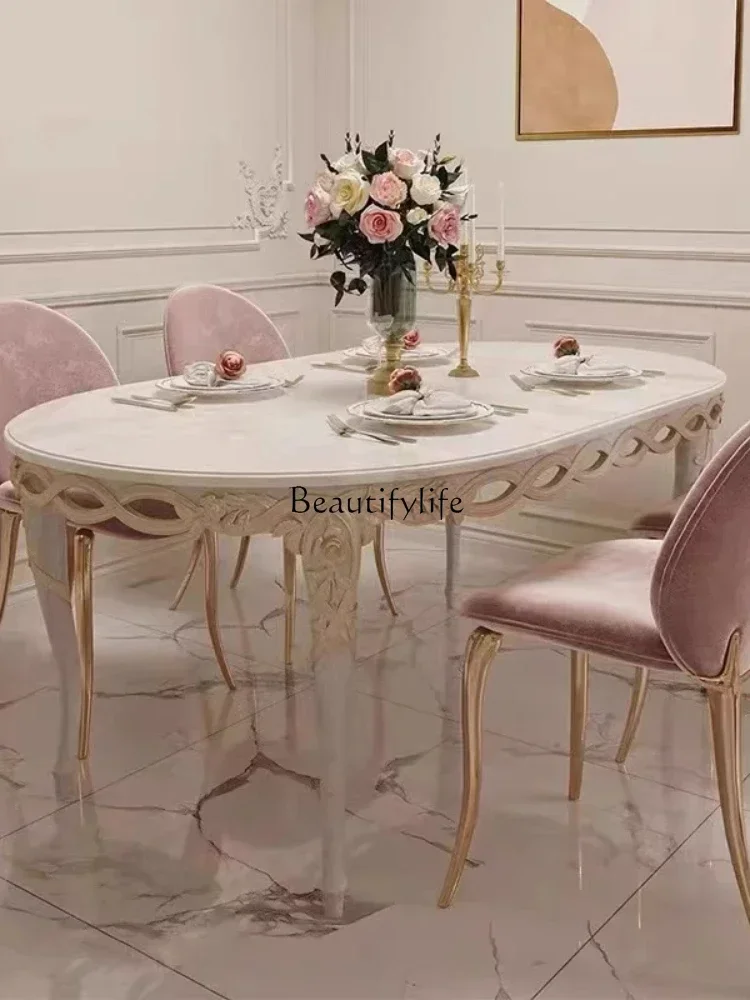 

Z.French light luxury oval solid wood European carved dining table household dining table marble surface