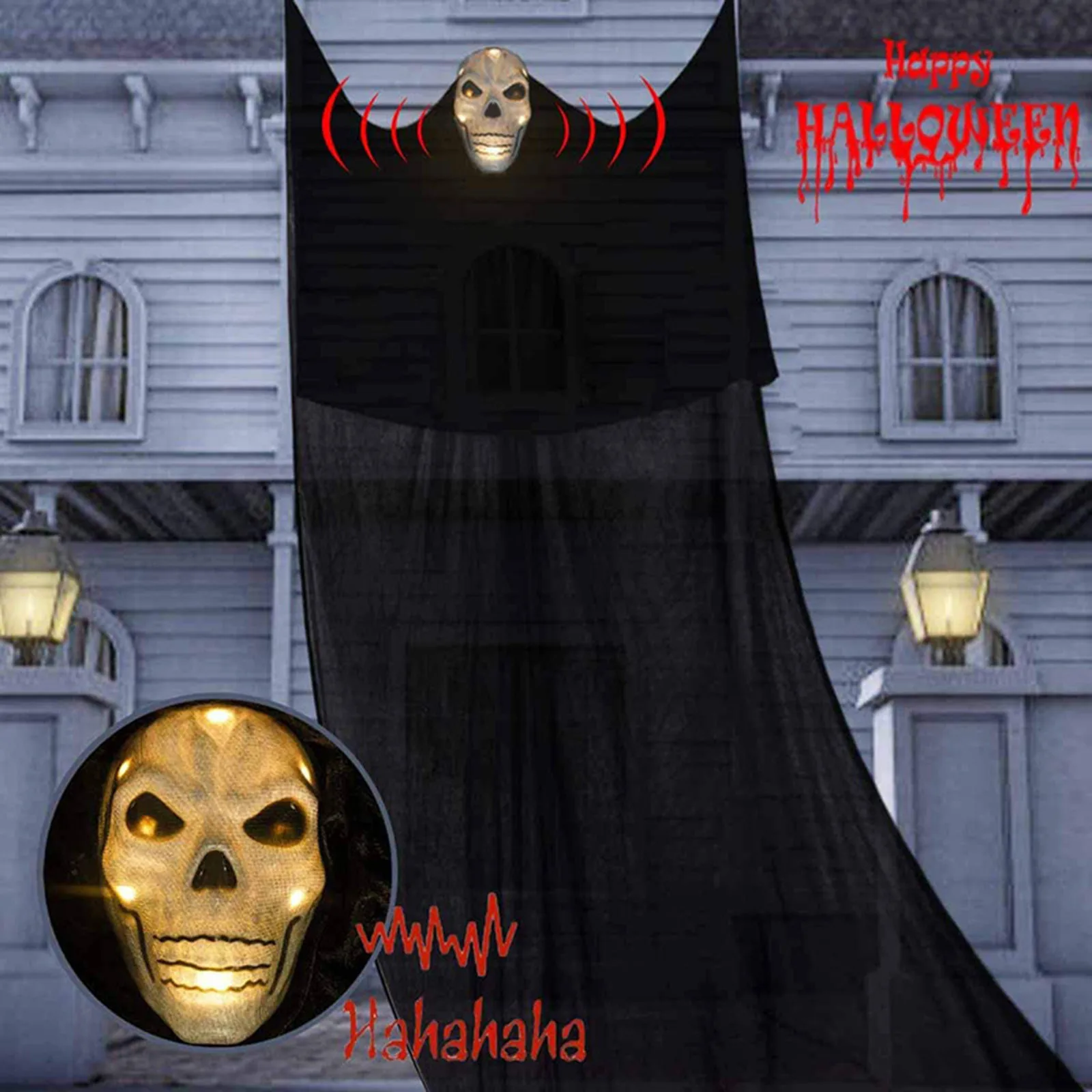 

Halloween Hanging Skull Ghost Door Curtain Haunted House Decoration with LED Sound Ghost Ornament Indoor Outdoor Bar Decor