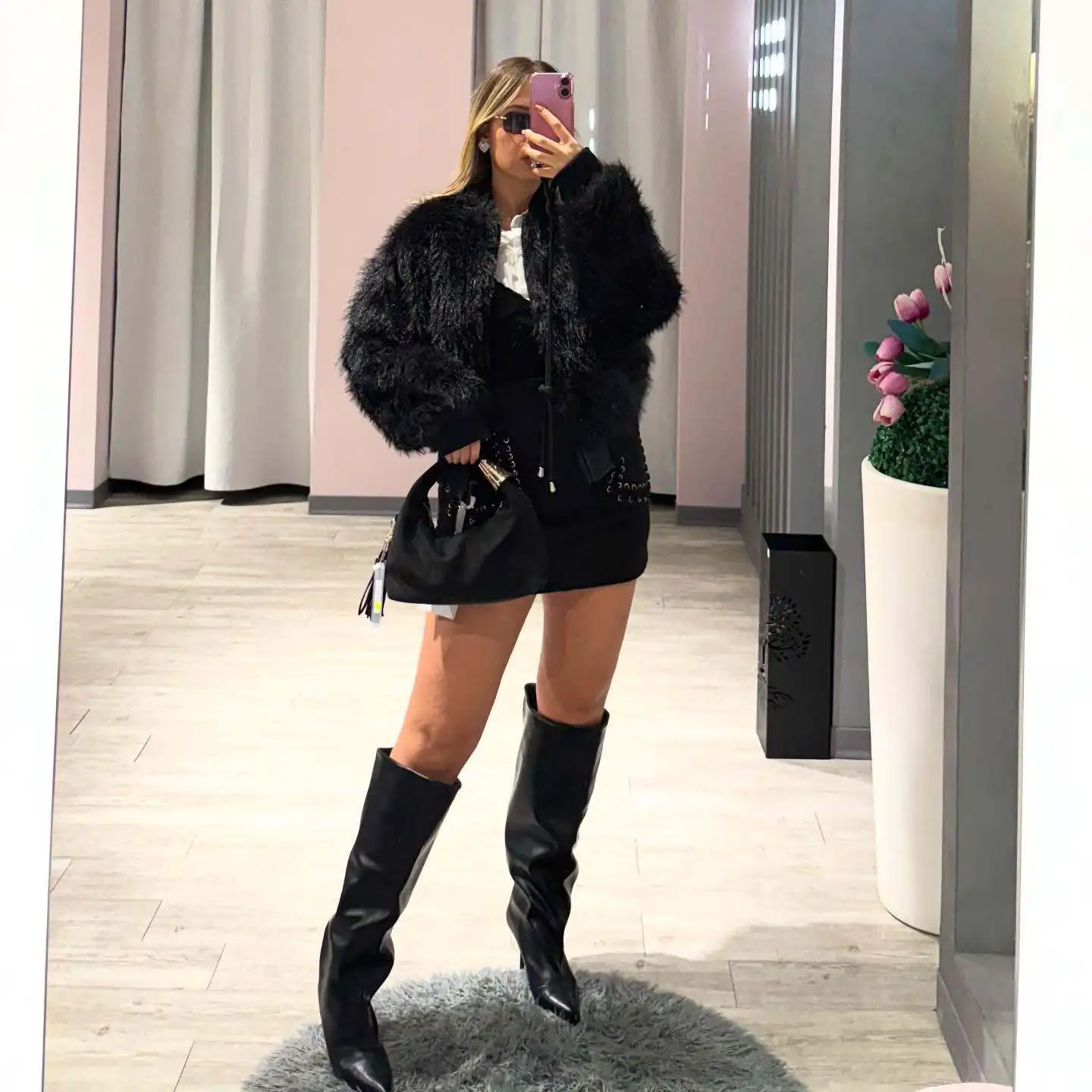 Giacca corta da donna in pelliccia sintetica autunno inverno moda versatile semplice girocollo manica lunga cappotto corto peluche caldo capispalla casual