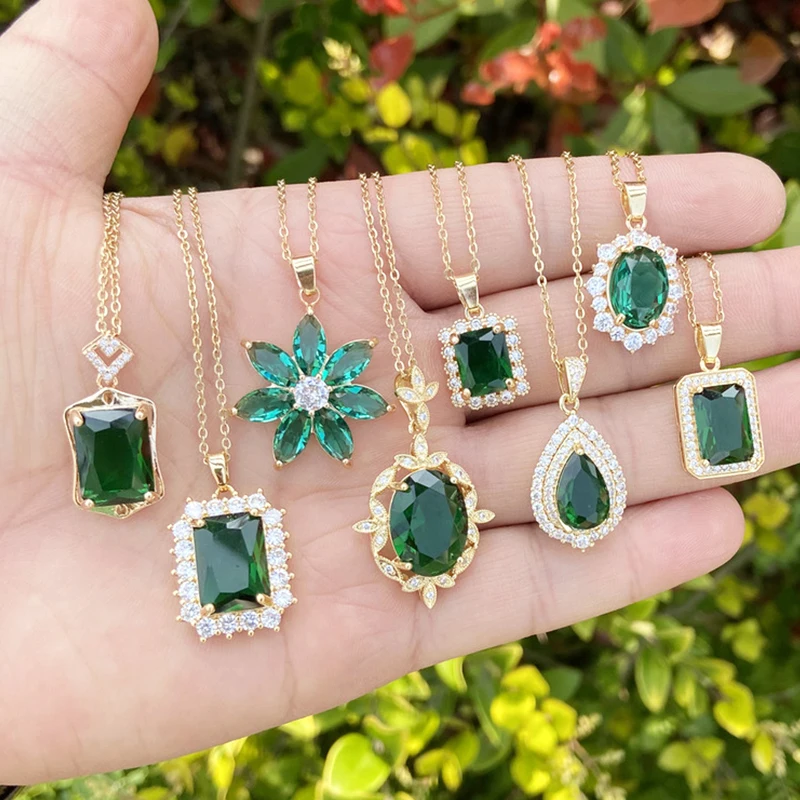 Elegant Necklace Emerald Zircon Water Drop Square Pendant Necklaces for Women Clavicle Chain Choker 2022 Trend Aesthetic Jewelry