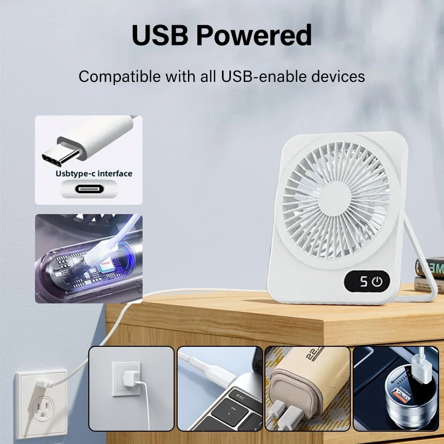 Portable 2-in-1 USB Charging Fan with Phone Holder Five Speed Settings Easy To Carry Suitable for Office and Dormitory Table Use
