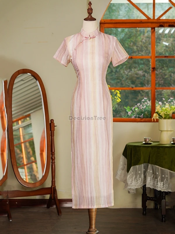 

2025 new chinese national style stripes retro fashion cheongsam daily summer improved stand collar short sleeve slimming qipao