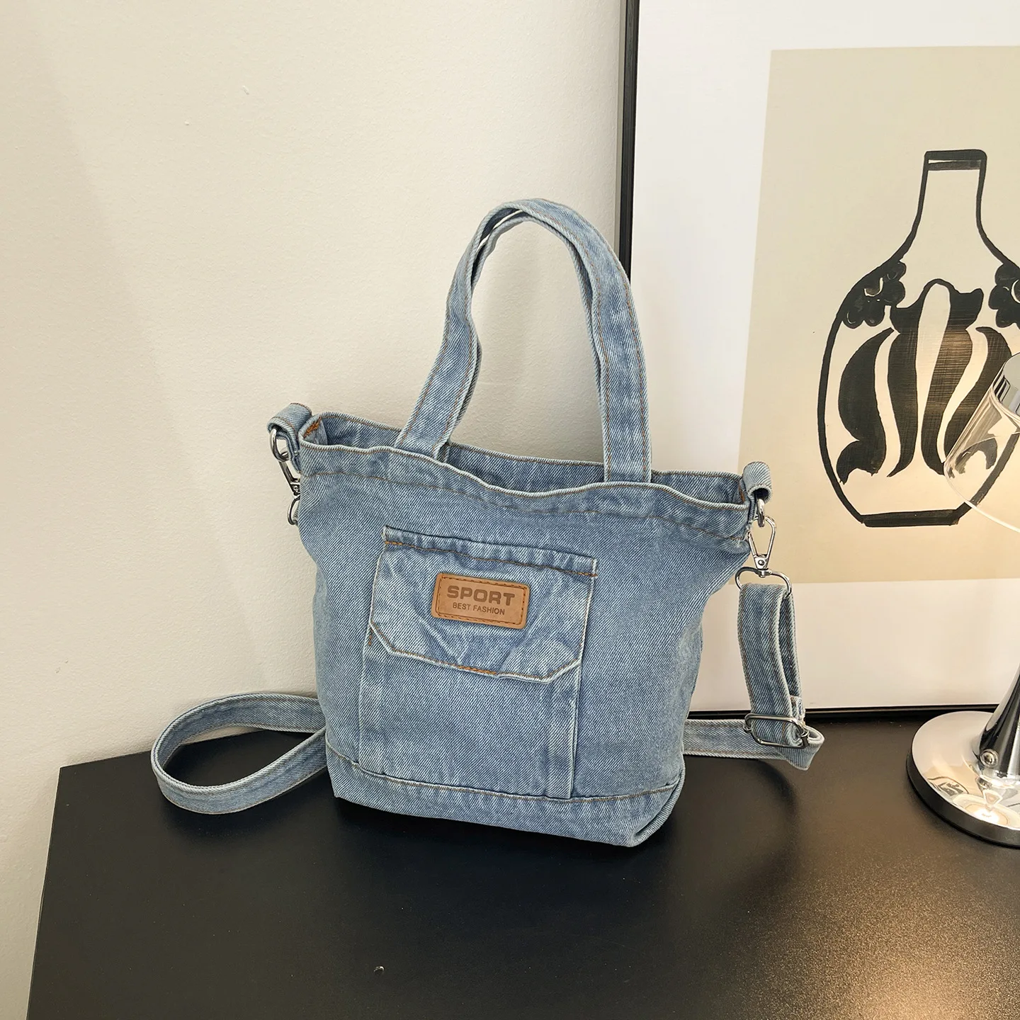Casual Simple Denim Shoulder Bags for Women Japanese Versatile Ladies Handbag Tote Vintage Thread Design Female Crossbody Bag