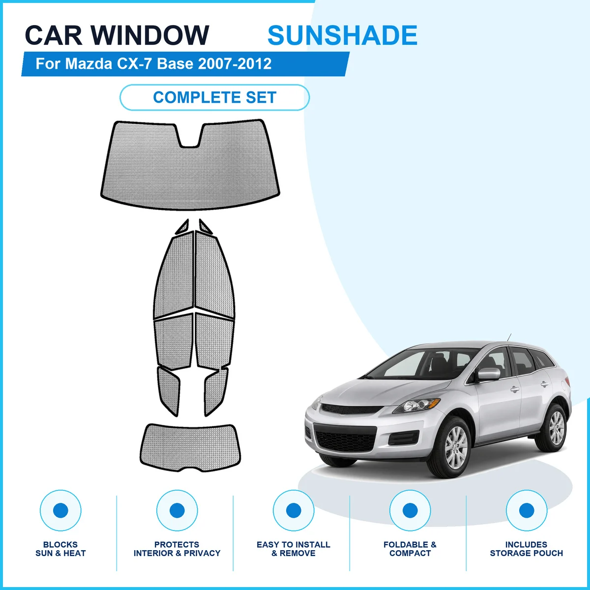 For Mazda CX-7 Base 2007-2012 Custom Full Set Window Sunshades Aluminum Foil Suction Cup Anti UV Privacy