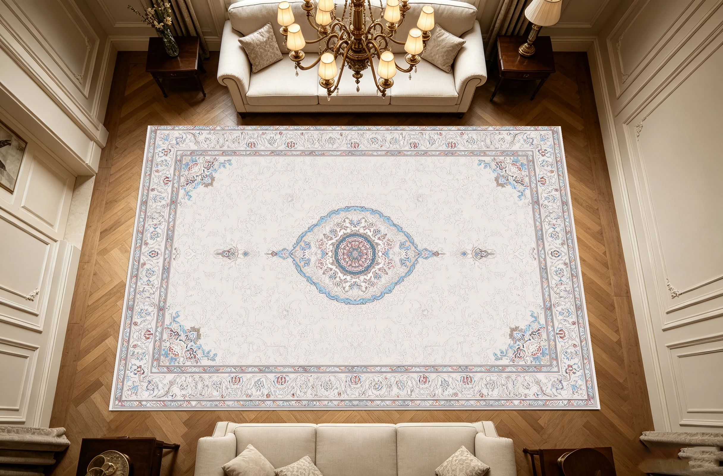 2D Large Rug, Off-White and Light Blue, with a French-Style Central Emblem Pattern, Skin-Friendly and Comfortable, Suitable