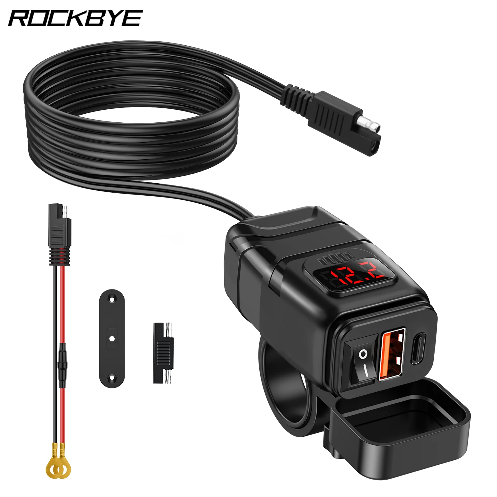 

Rockbye QC3.0 Motorcycle USB & Type-C Port 12V Waterproof Fast Charger Adapter with Switch LED Voltmeter Digital Moto Accessory