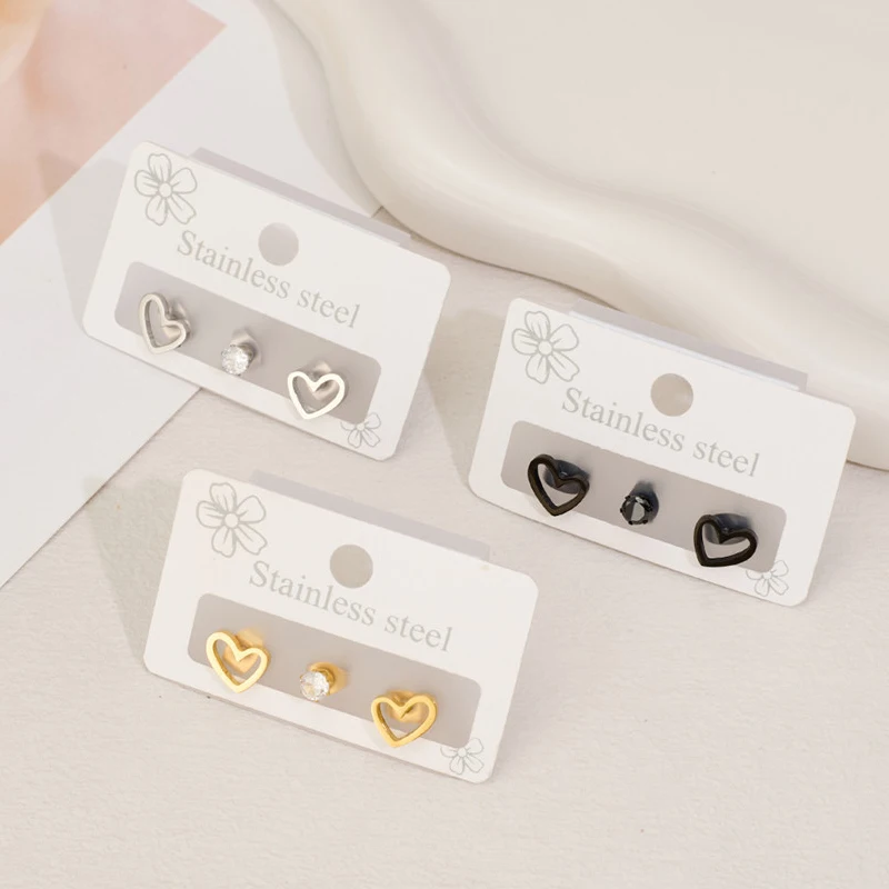 3Pcs/lot Multiple Mini Stainless Steel Earrings Women Geometric Heart Round Earings Triangle Ear Studs Punk Jewelry Wholesale