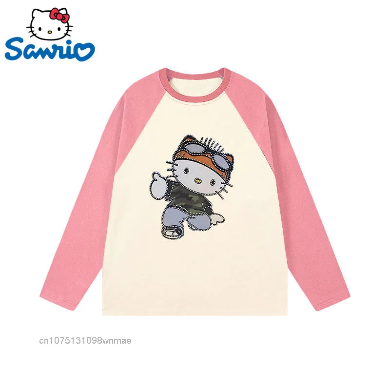 Sanrio Hello Kitty Camo Cotton T-shirts for Women, Long Sleeve, Hip Hop, Splicing, Oversize Fashion Tees, Street Top Clothes