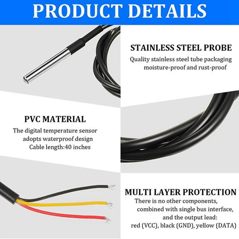 NEW-10 Pieces Of Waterproof DS18B20 Digital Temperature Sensor Probe 100Cm/39.3In Cable