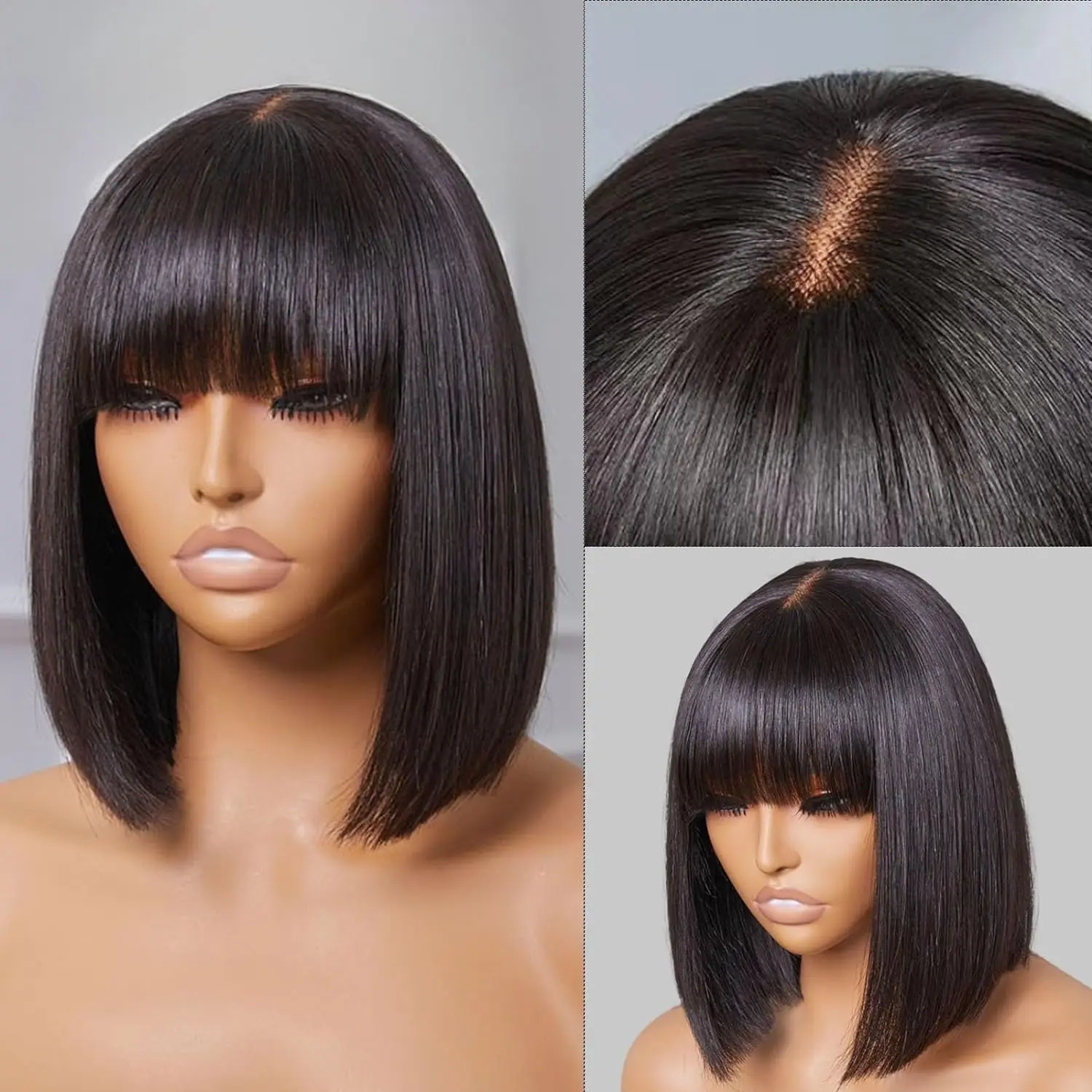 Wig Bob lurus tanpa lem, dengan poni 2x1 Renda bagian tengah Wig pendek Bang Bob rambut lurus Natural Black Bang Wig Bob