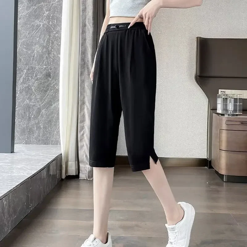 Basic zomer dunne harembroek effen kleur casual split hoge taille elastische dameskleding chique Chinese schijfbroek