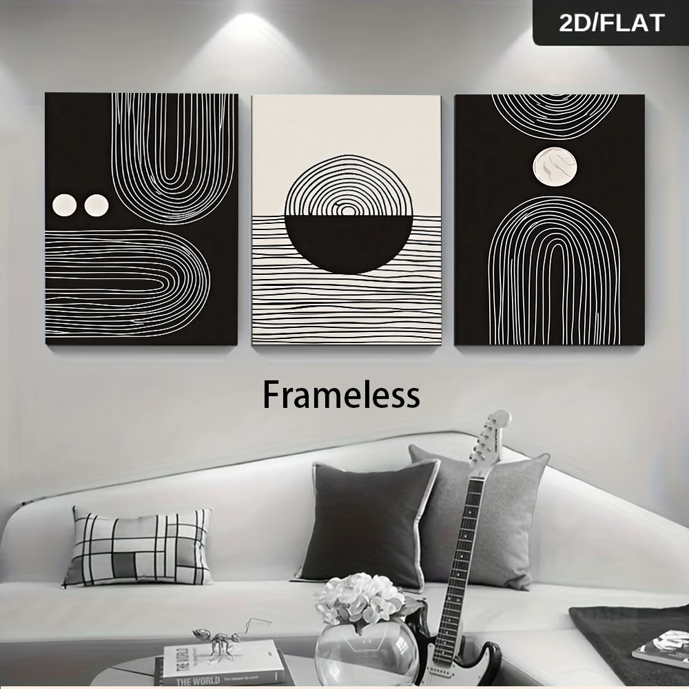 1 set of modern minimalist black and white line art triptych, abstract geometric frameless painting, 2D flat design.