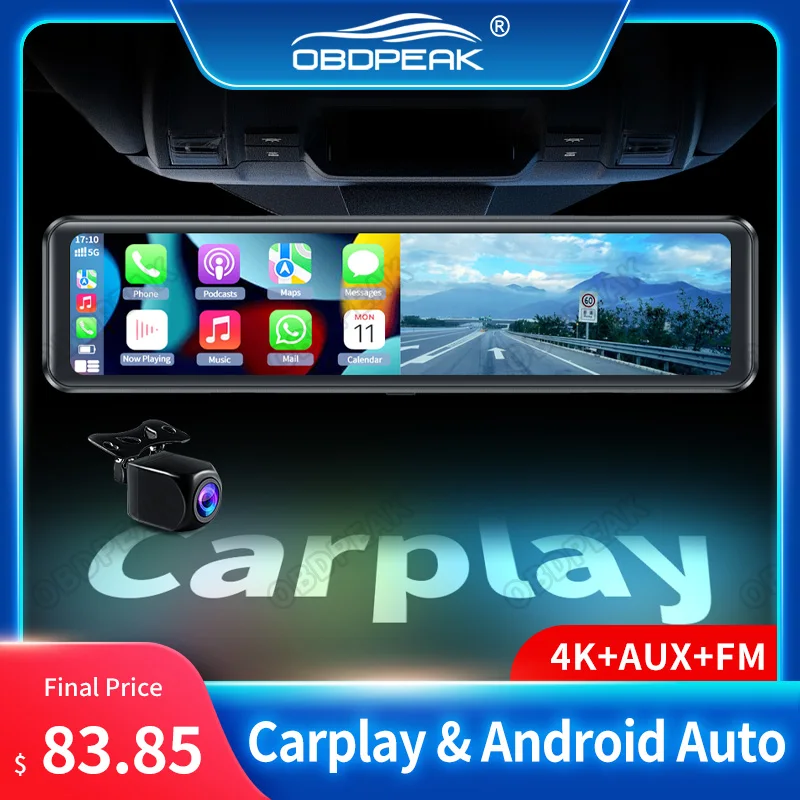 

K4 Автомобильное зеркало заднего вида DVR Wi-Fi Carplay и Android Auto 4K 2160P Видеорегистратор GPS-навигация Видеорегистратор вождения с двумя объективами FM AUX