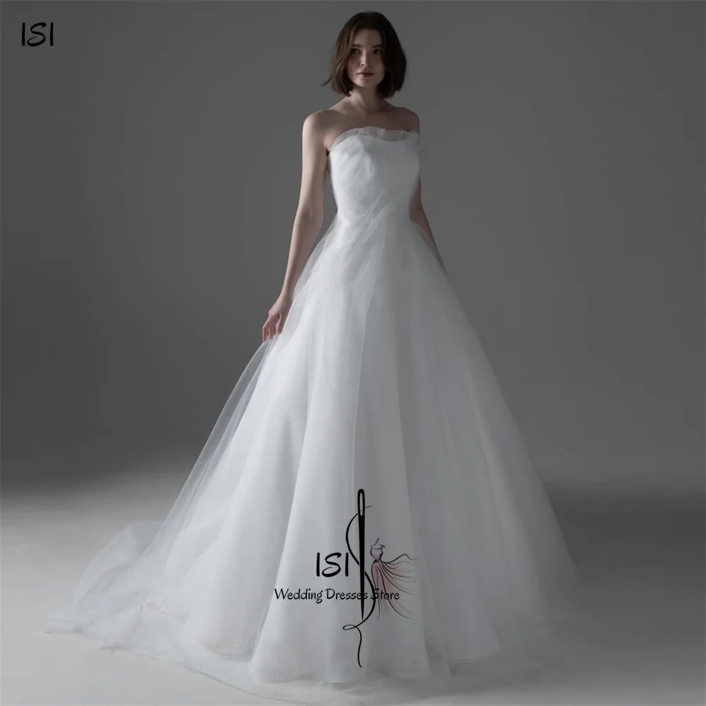 ISI Elegant A-line Korea Wedding Dress Photo Shoot Strapless Sleeveless Bridal Gown Customized Pretty Bride Dress 웨딩드레스