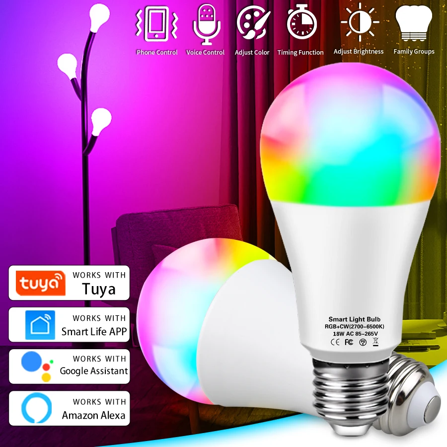 

85-265V Tuya Smart WiFi LED Bulb E27 12W 15W 18W RGB CW Dimmable Light Bulb Voice Control Works With Alexa Google Home Alice