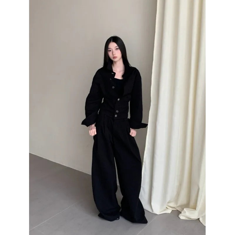 Dames Zwart Polokraag Cropped Shirt Tops Hoge taille Geplooide Rechte Wijde pijpen Broek Tweedelige set Herfst Koreaanse trend