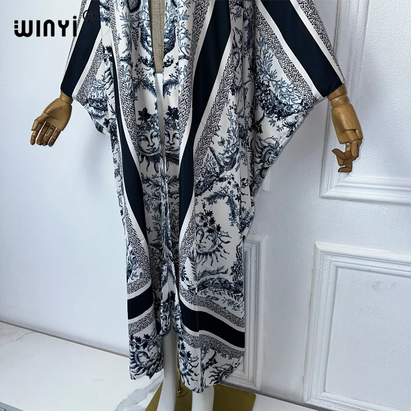 WINYI Kimono lato elegancki abstrakcyjny nadruk sweter damski bluzka abaja zakrywająca plaża kobiety boho maxi sukienka party kaftan