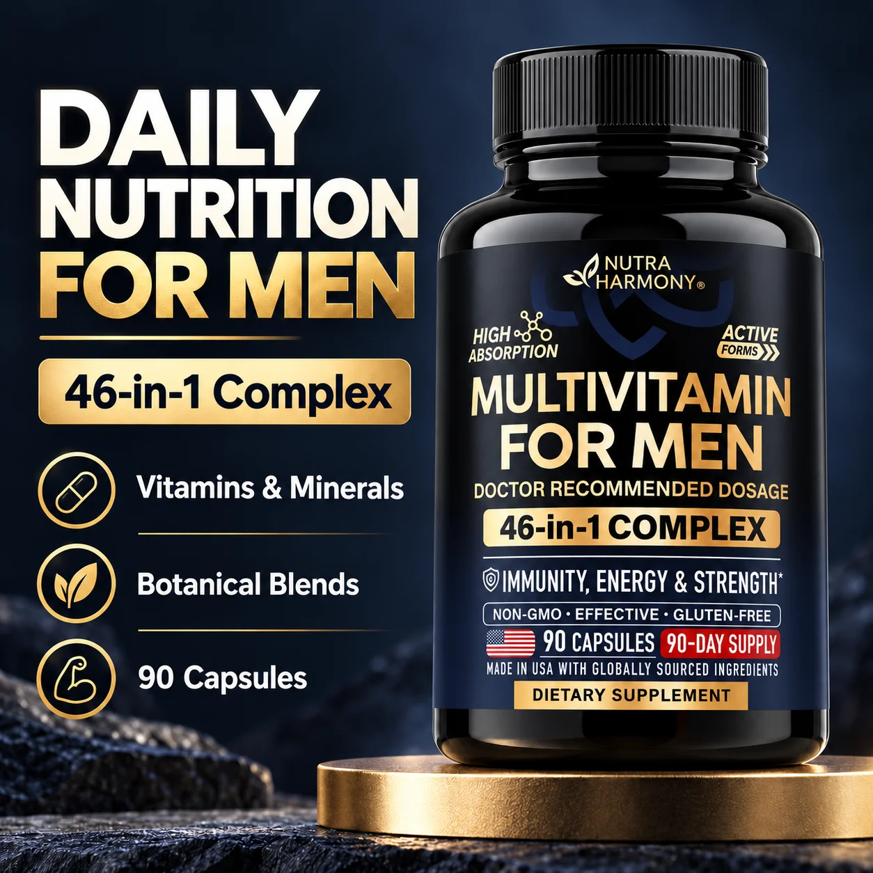 Multivitamin for Men 46 in 1 Complex Vitamins & Minerals Daily Nutritional Support 90 Capsules Non Gmo Gluten Free