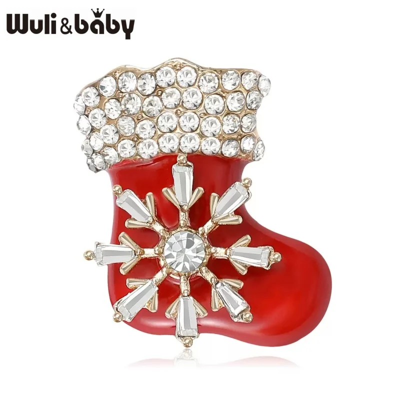 Wuli&baby, рождественские сапоги со снежинками, броши для женщин и детей, 2 цвета, красные, зеленые, эмалированные зимние носки, брошь для обуви, булавки, подарки