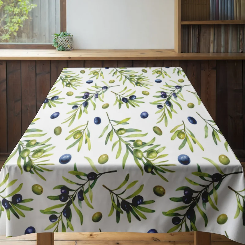 Mantel con diseño de oliva verde, cubierta rectangular para mesa de comedor para decoración del hogar en blanco, azul y verde