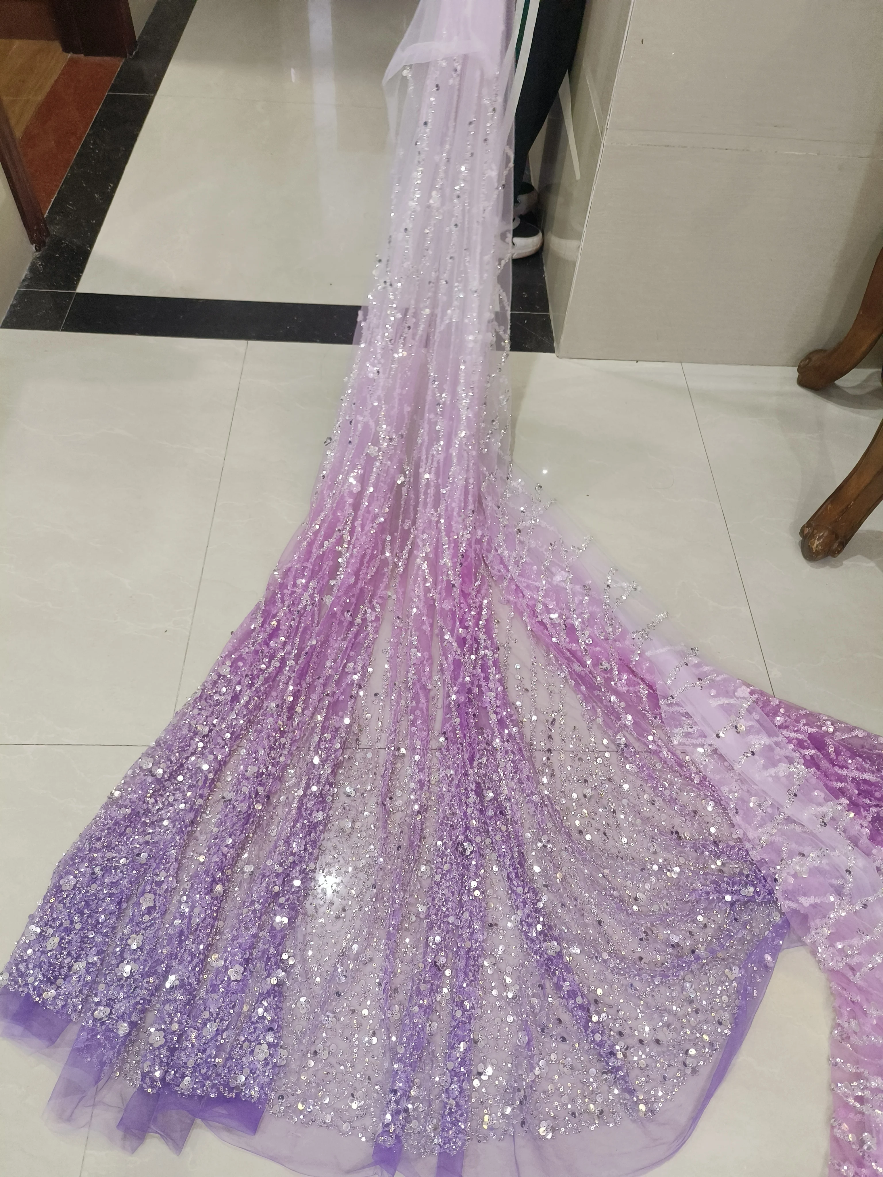 Tessuto con paillettes con perline di colore sfumato per abito da sposa Costume drammatico Costume da ballo Hanfu Tessuto di pizzo con perline rosa