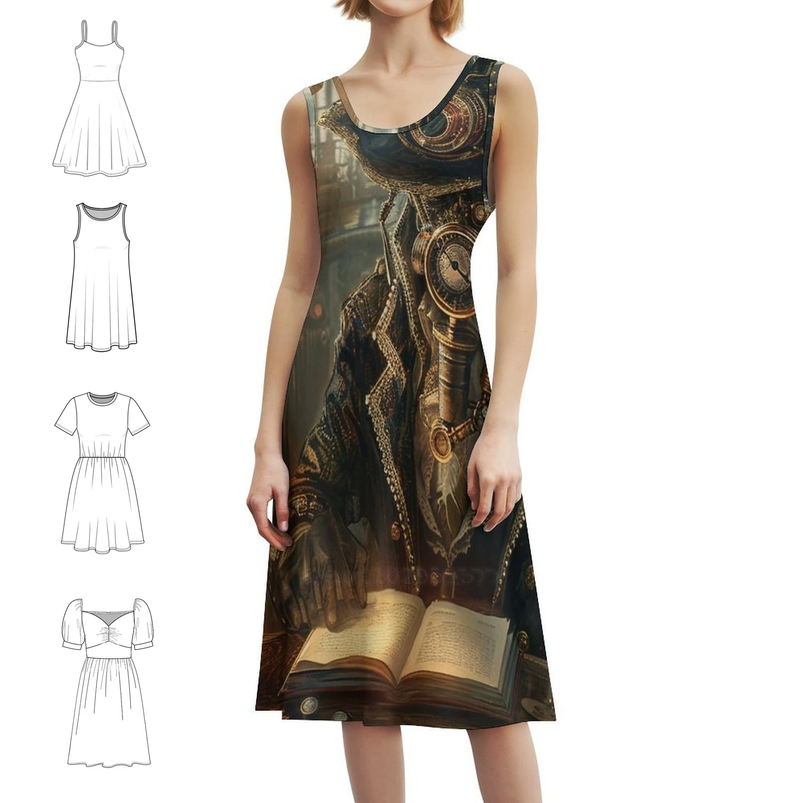 فستان Steampunk Android In The Library مثير للإجازات للنساء على الشاطئ وحفلات أعياد الميلاد فستان قصير خيالي Steampunk Android Robot #1