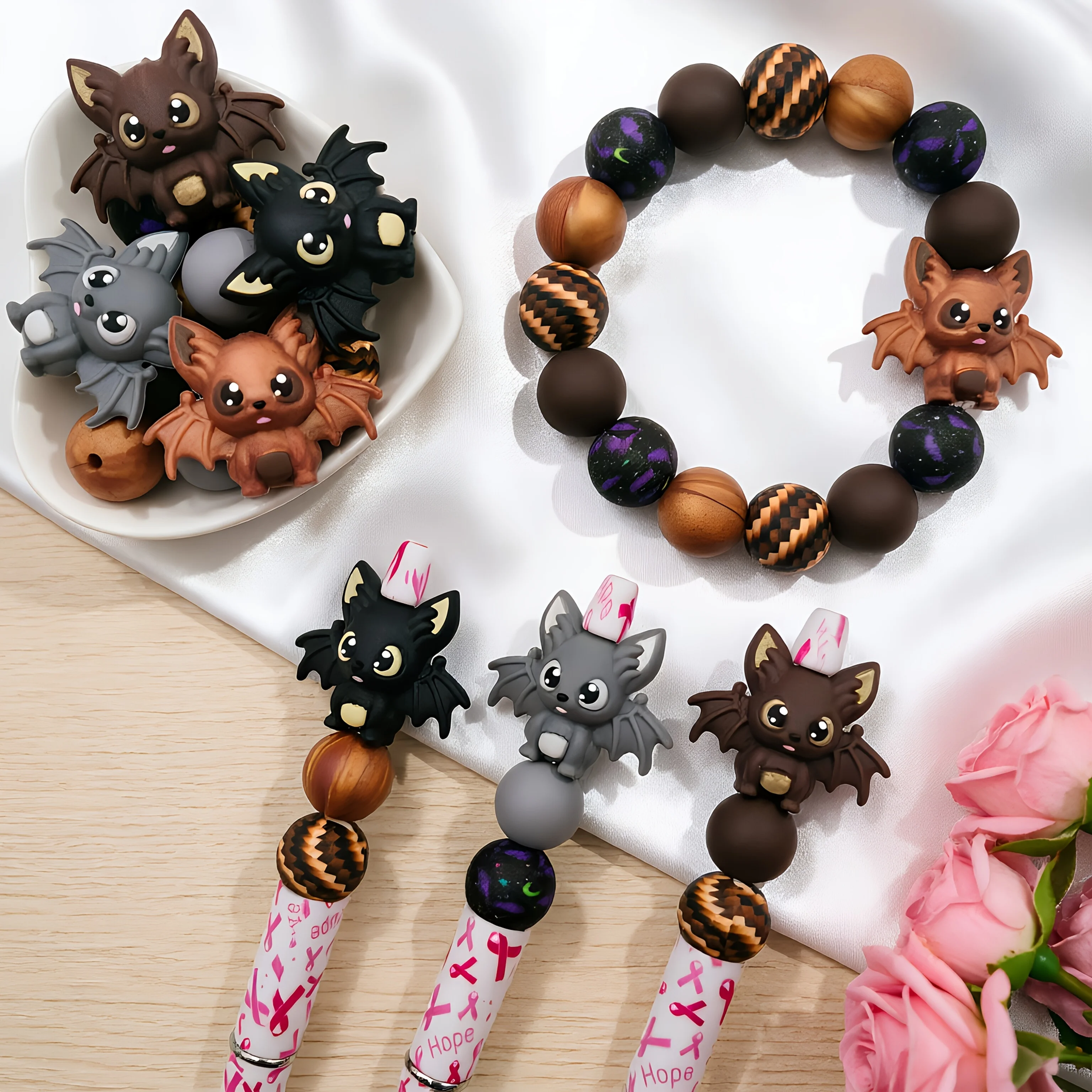 32/34-teiliges Silikonperlen-Set mit Fledermaus-Motiv für DIY-Perlenketten, Armbänder, Stifte, Schmuck, Anhänger usw. Geburtstagsgeschenk für die Feiertage – Detail 7