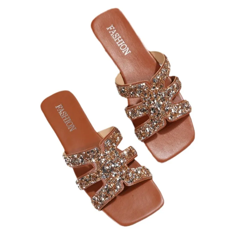 36-43 Shoes for Women Summer Fashion Sexy Casual Comfortable Solid Color Crystal Sandals Square Toe Flat Slippers Zapatos Mujer