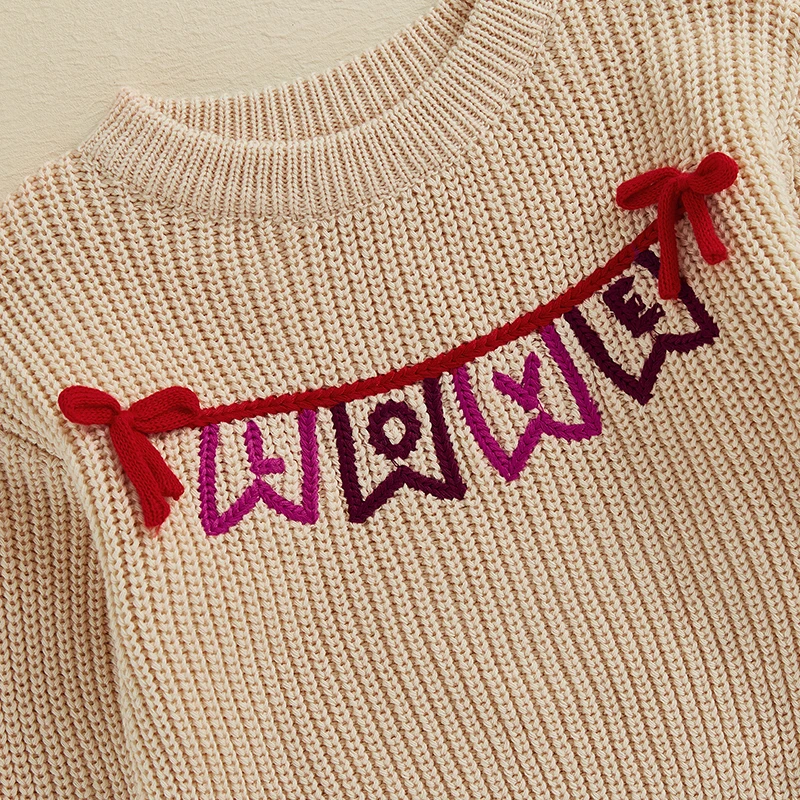 Baby Girl Valentine’s Day Sweaters Long Sleeve Banner Garland Embroidery Knit Pullovers Jumper Tops