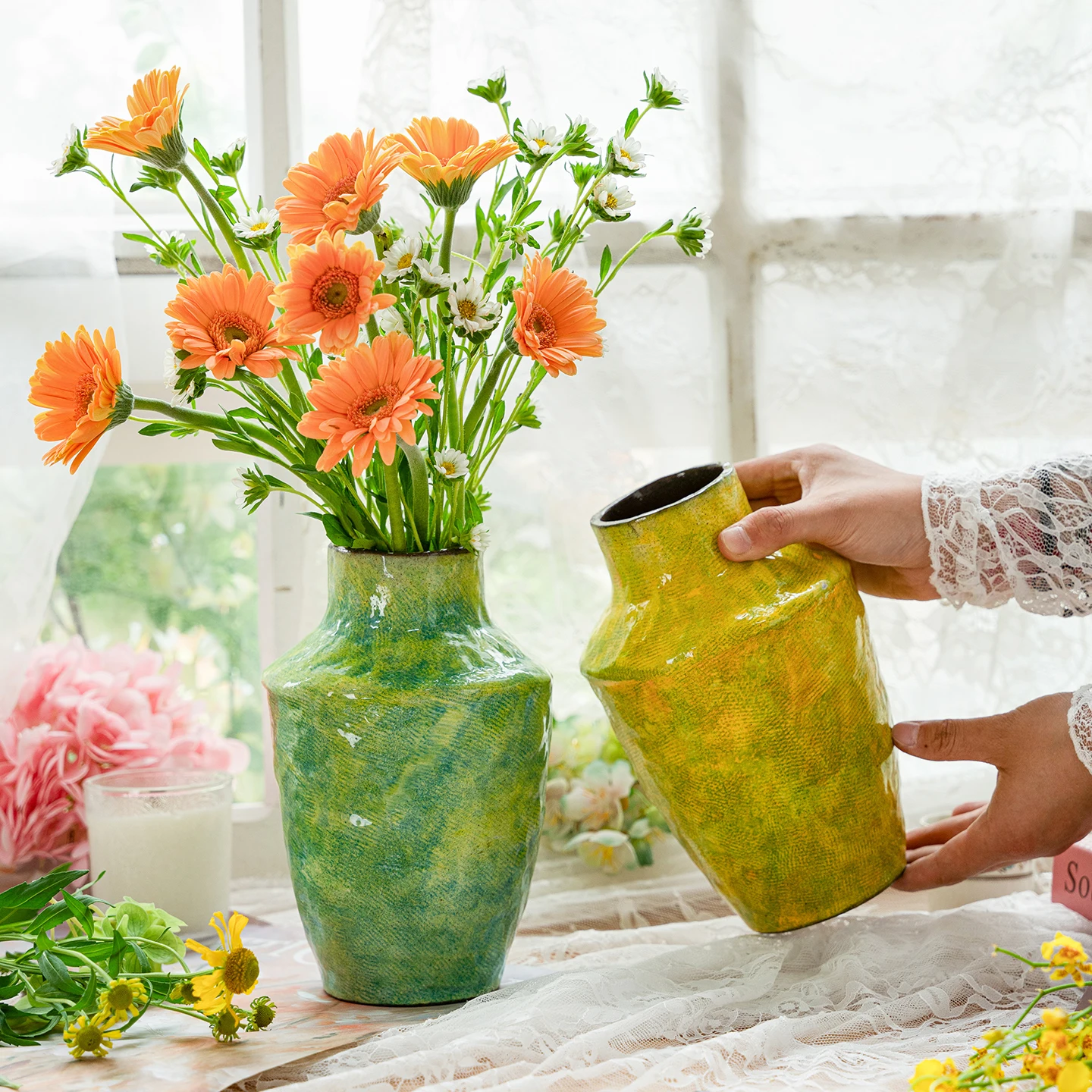 Retro Vase Ceramic American Hydroponic Fresh Flowers Dried Flowers Flower Arrangement Decorative Items Room Decor Vidrio