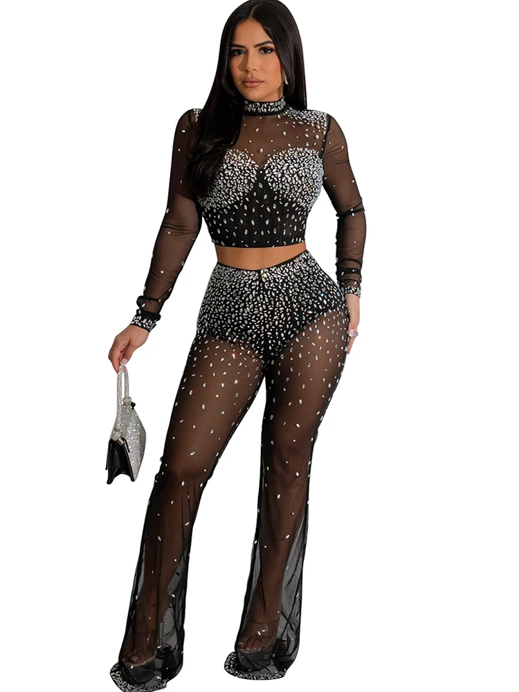 

Black Nude Two Piece Rhinestone Mesh Set Women Clubwear For Party Sexy Crop Tops And Pants See Through Night Club Outfits Sets