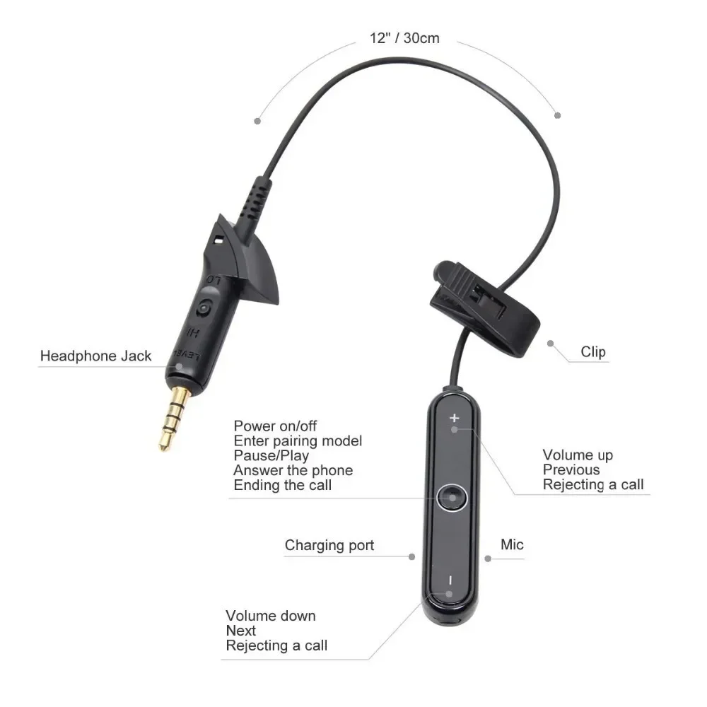 Adaptador de áudio estéreo sem fio, Bluetooth 5.0, receptor mãos livres para Bose QuietComfort 15 2 QC15 QC2 auscultadores