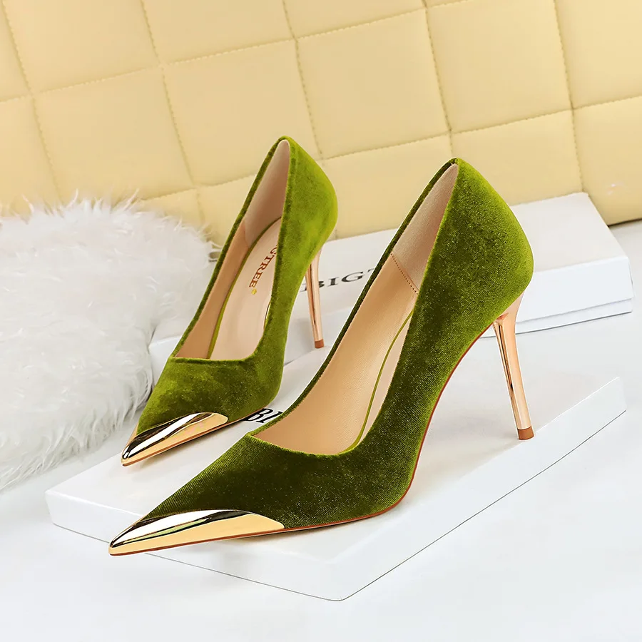 BIGTREE Metal Decoration Pointed Toe High Heels Suede Women Pumps Prom Dress Stiletto Lady Heeled Shoes 10cm Green Black