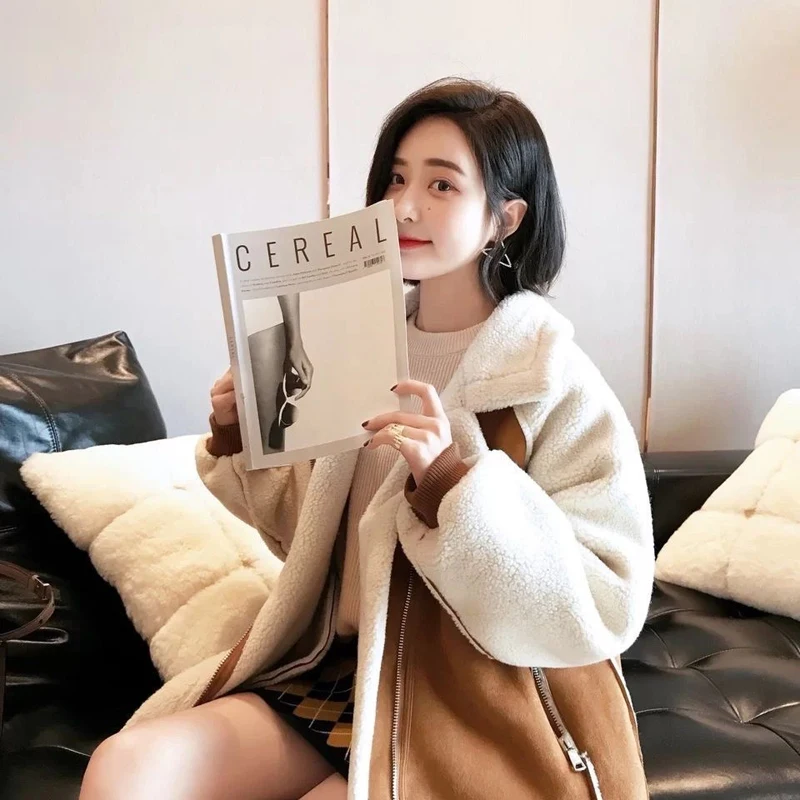 Women Winter Fashion Khaki Outerwear Thick Plush Warm Coat Lamb Wool Sheepskin Faux Suede Zipper Jacket Loose Fur Jacket 2025