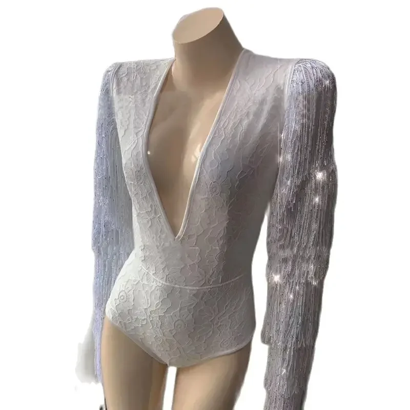 Bar Nightclub Party Dj Ds Gogo Dancer Costume Sexy Deep V Fringed Sleeves Bodysuit Women Stage Festival Outfit Rave Wear XS6518