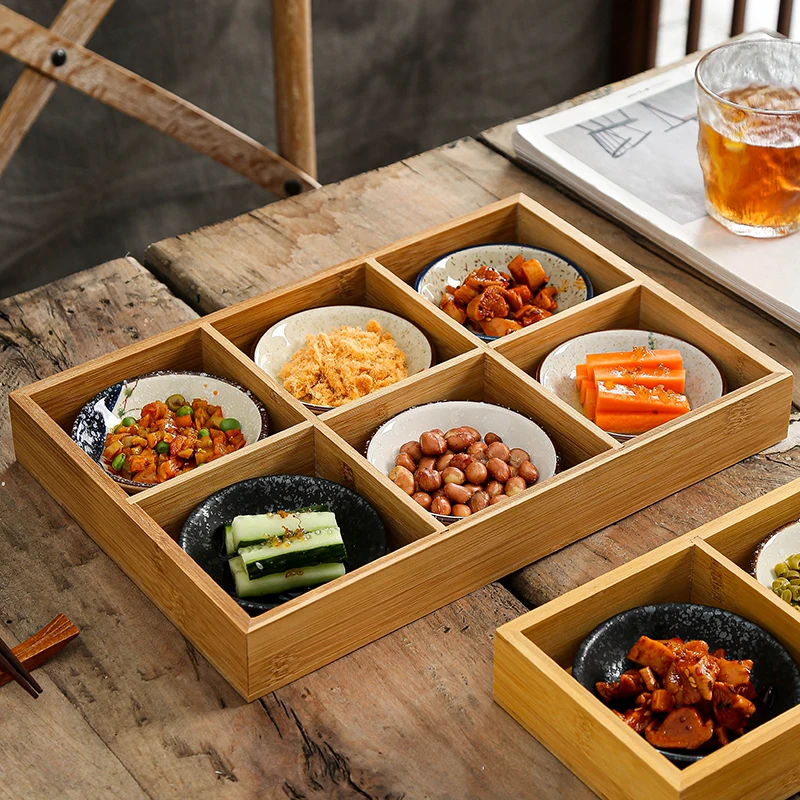 Japanese Style Retro 9 Grid Sauce Dish Bamboo Tray Set Sesame Underglaze Colored Hot Pot Dip Sushi Fruit Rice Snack Platter Home