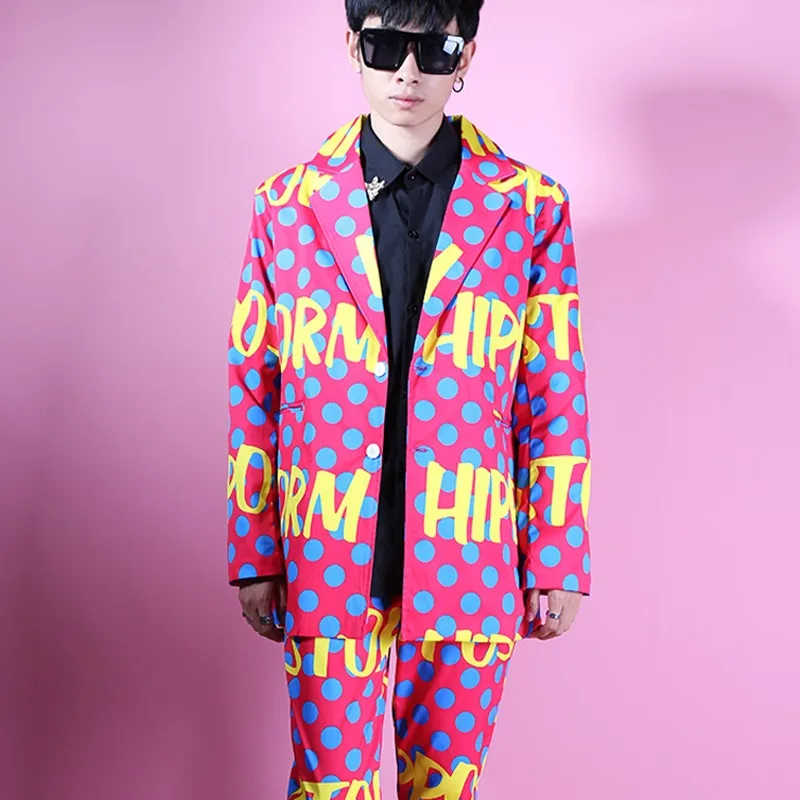 Korean Style Trendy Men Pink Letter Pattern Loose Blazers Suit Bar Nightclub Male Singer Concert Stage Suits Rap Hip Hop Costume