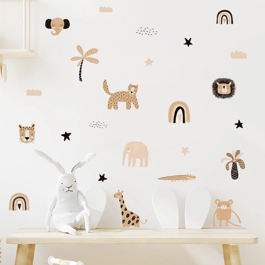 Boho Cartoon Cute Rainbow Safari Animals Star Nursery Wall Decals Art Posters Gifts Kids Room Girls Bedroom Sticker Home Decor