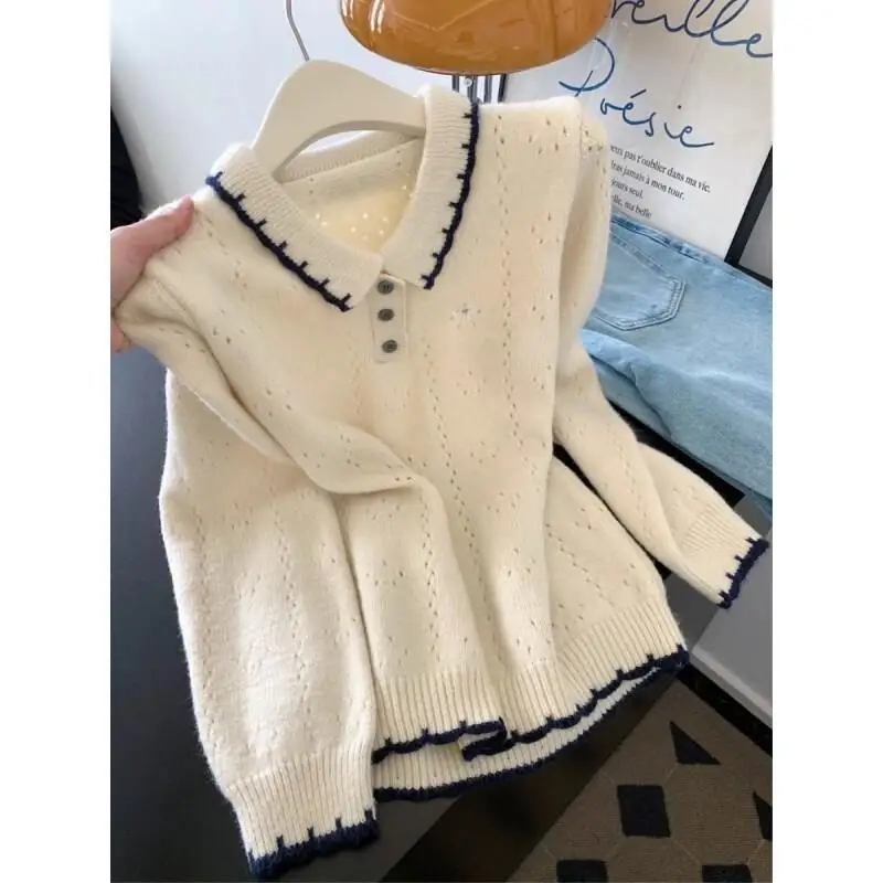 เสื้อสเวตเตอร์คอปกสีตัดกัน สไตล์เรโทรคลาสสิก หรูหราเบาๆ ใส่สบายๆ สำหรับกิจกรรมกลางแจ้ง ใช้ได้ทุกวัน ทรงหลวม ดูสดใส น่ารัก และมีเอกลักษณ์