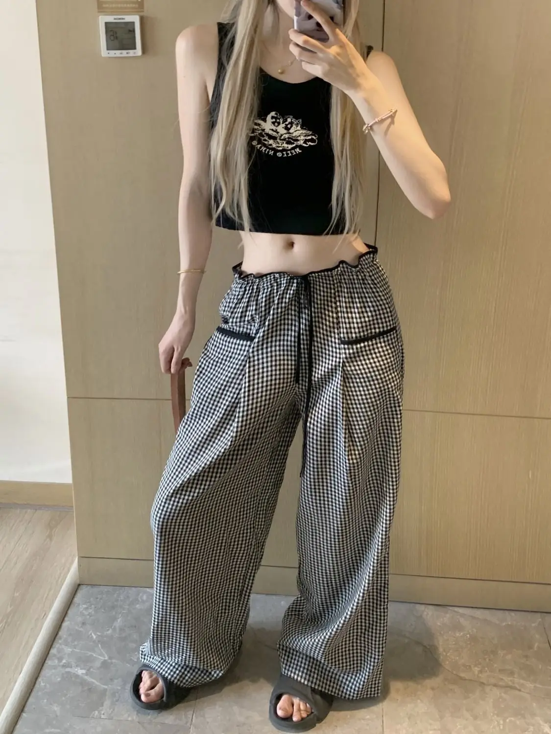 Large Size Design Contrasting Black White Plaid Casual Pants Women Summer New High Waist Slimming Loose Straight Wide Leg Pants